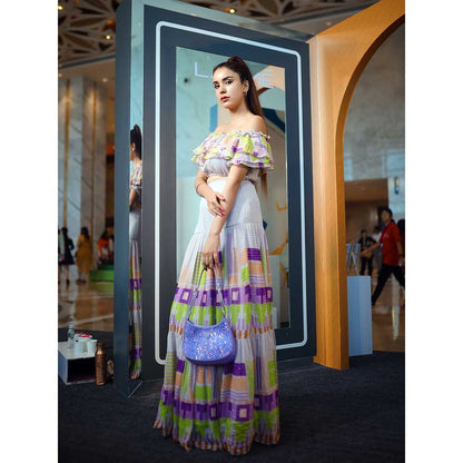 Nirmooha Geometric Printed Off Shoulder Crop Top Geometric Printed Tiered Skirt (Set of 2)