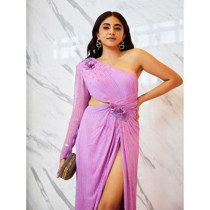 Nirmooha Lilac One Shoulder Hand Embroidered Draped Dress