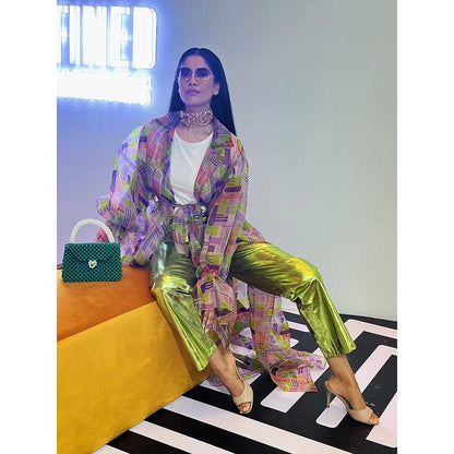 Nirmooha Geometic Printed Organza Trench with Belt (Set of 2)