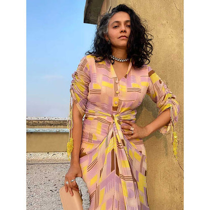 Nirmooha Lemon Yellow Geometric Printed Draped Dress