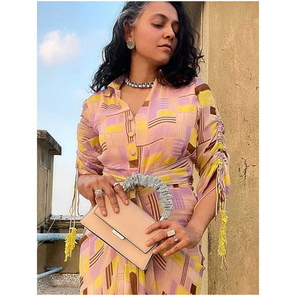 Nirmooha Lemon Yellow Geometric Printed Draped Dress