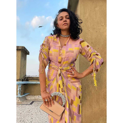 Nirmooha Lemon Yellow Geometric Printed Draped Dress