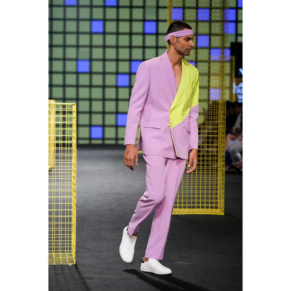 Nirmooha Lilac and Lime Green Colour Block Blazer