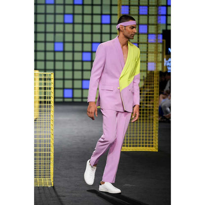 Nirmooha Lilac and Lime Green Colour Block Blazer