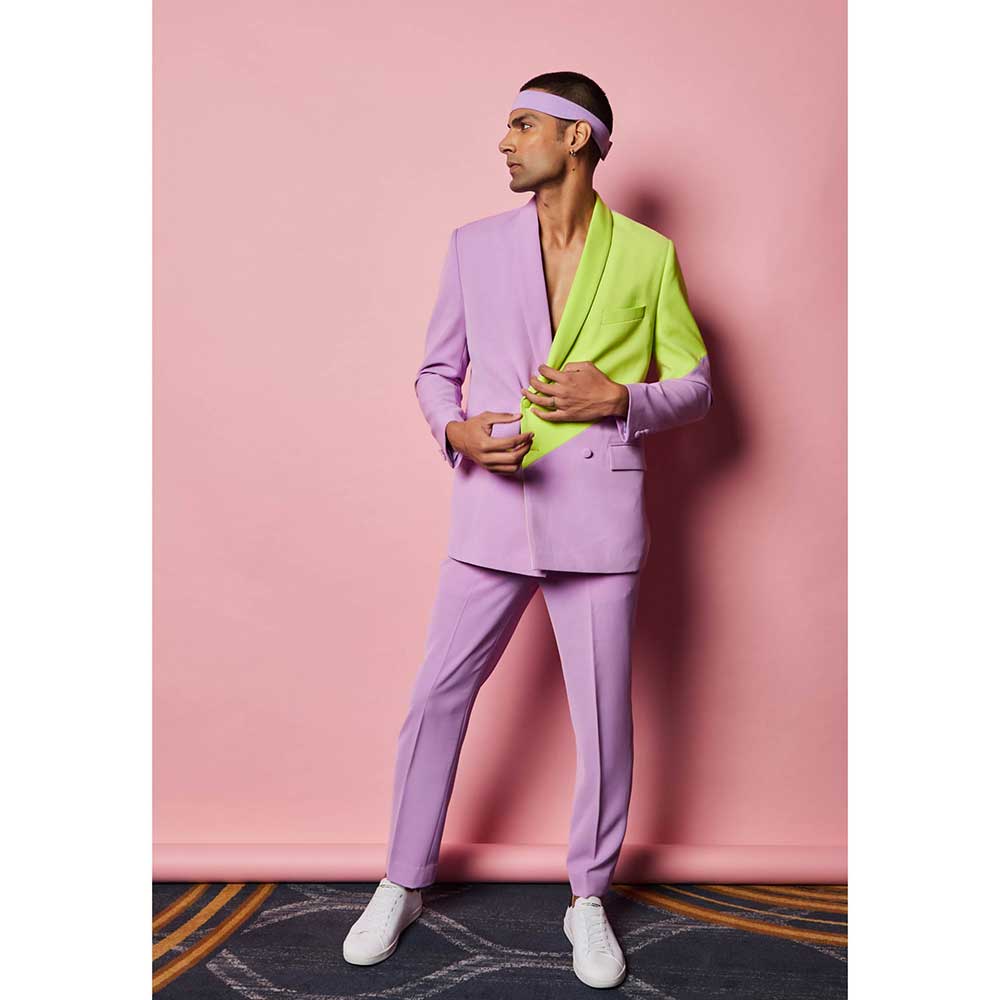 Nirmooha Lilac and Lime Green Colour Block Blazer