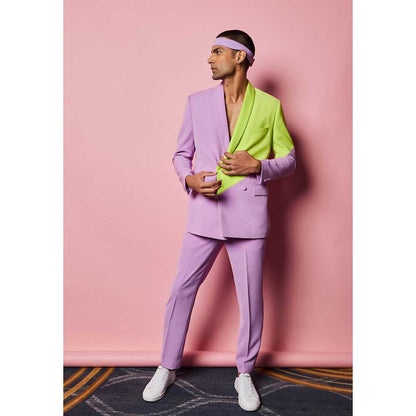 Nirmooha Lilac and Lime Green Colour Block Blazer