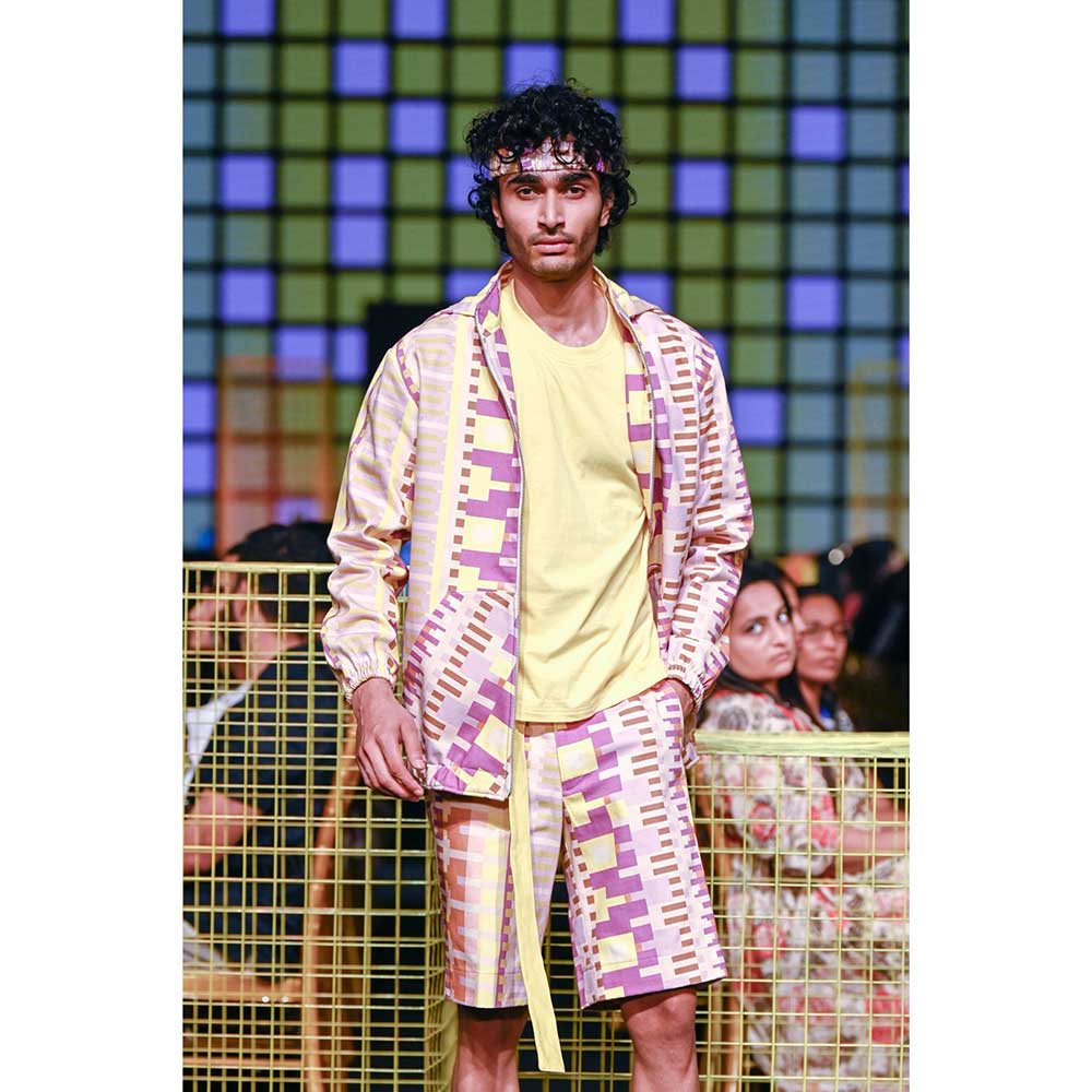 Nirmooha Geometric Printed Denim Bomber Jacket