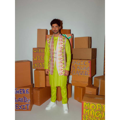 Nirmooha Kurta with Button Detailing Straight Pant and Multicolor Nehru Jacket (Set of 3)