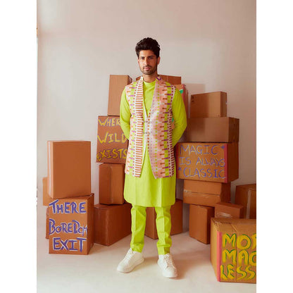Nirmooha Kurta with Button Detailing Straight Pant and Multicolor Nehru Jacket (Set of 3)