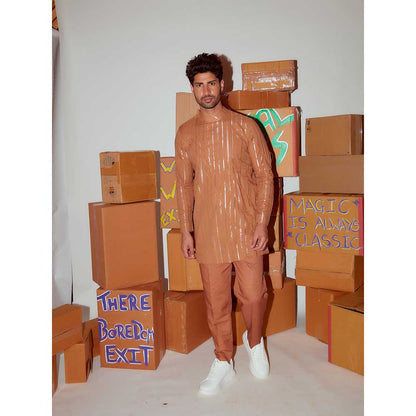 Nirmooha Brown Short Kurta with Cording Detailing and Straight Pant (Set of 2)