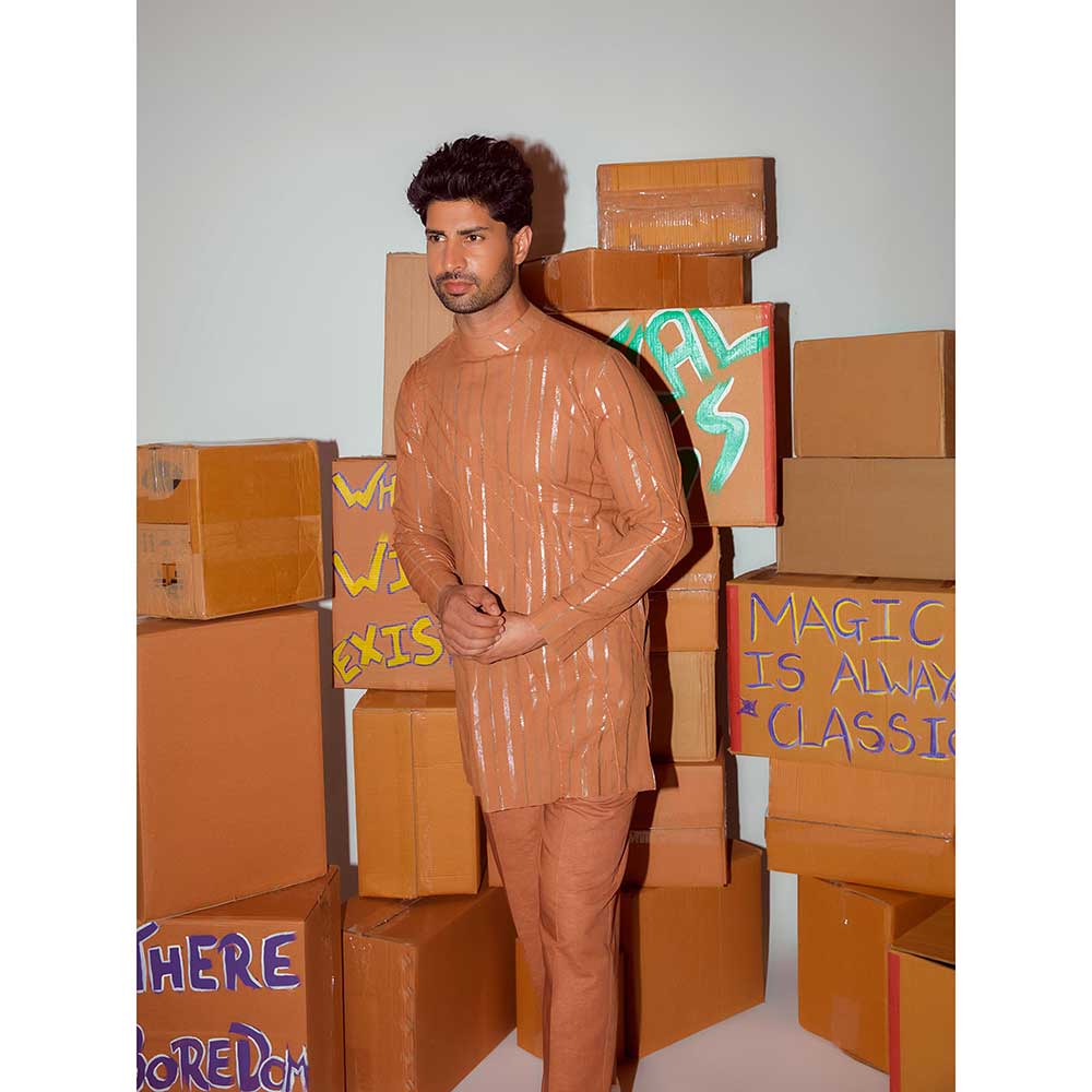 Nirmooha Brown Short Kurta with Cording Detailing and Straight Pant (Set of 2)