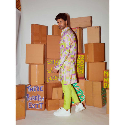 Nirmooha Geometric Printed Kurta with Cording Detailing and Straight Pant (Set of 2)