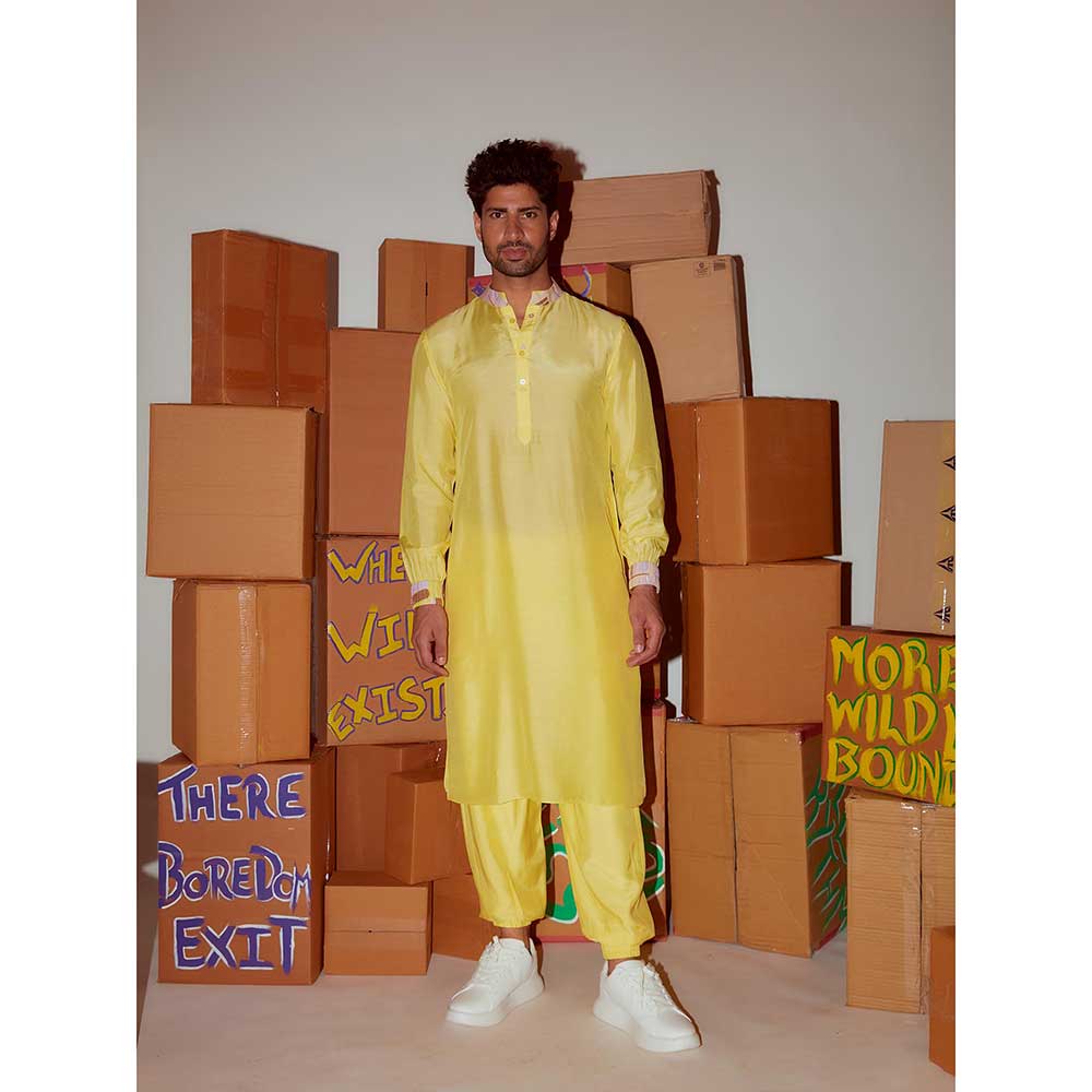 Nirmooha Yellow Kurta with Printed Cuff Detailing and Joggers (Set of 2)