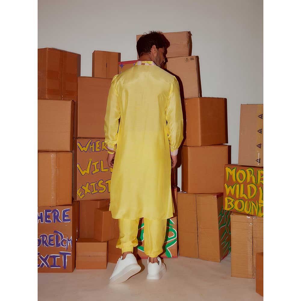 Nirmooha Yellow Kurta with Printed Cuff Detailing and Joggers (Set of 2)