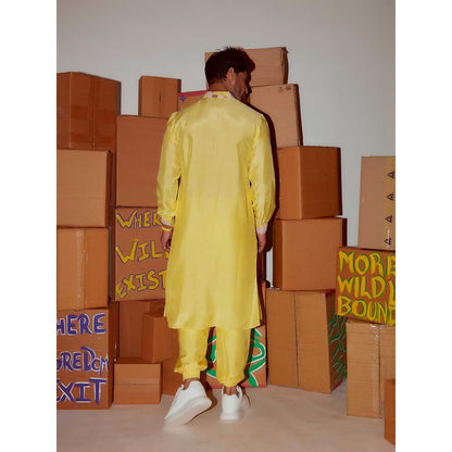 Nirmooha Yellow Kurta with Printed Cuff Detailing and Joggers (Set of 2)