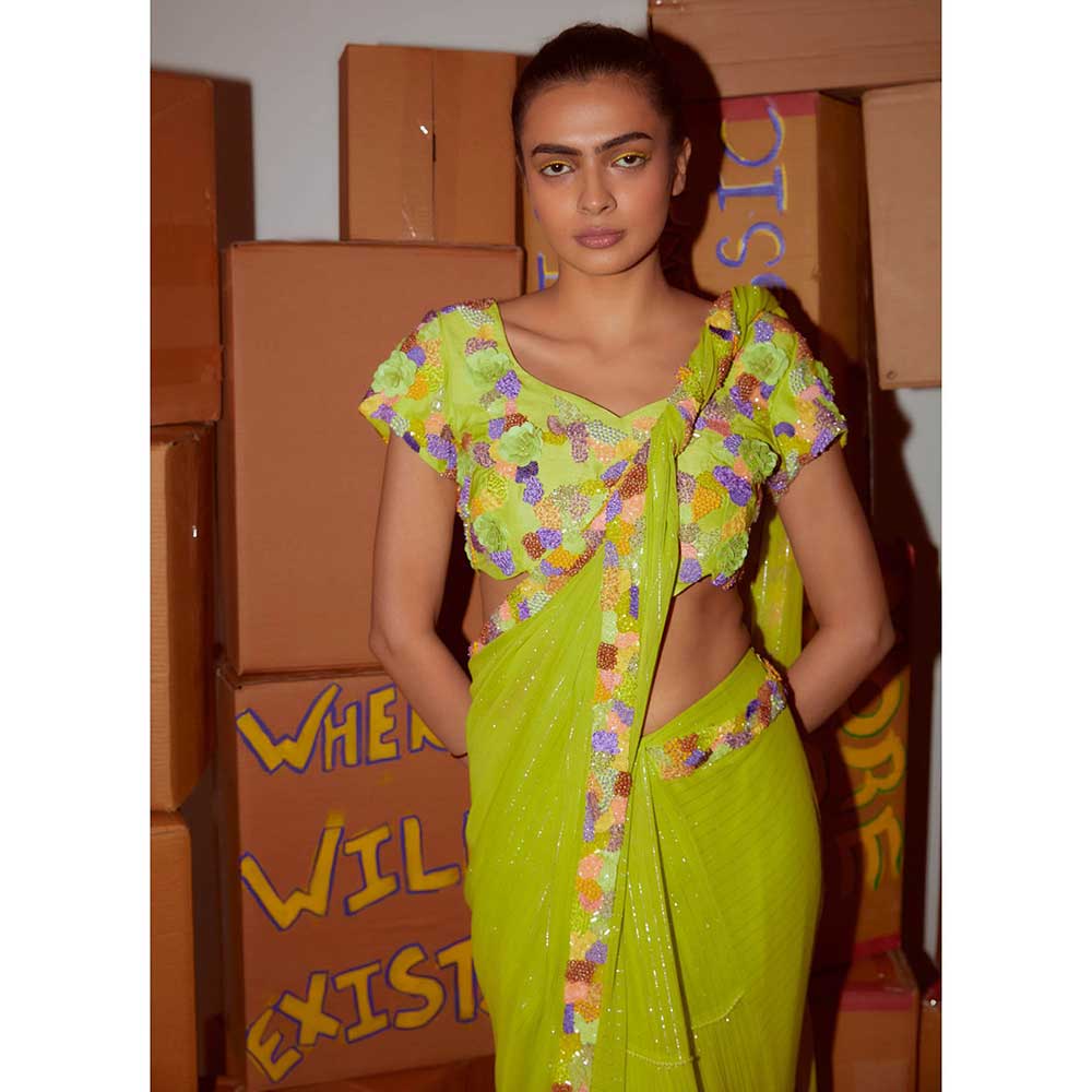 Nirmooha Neon Blouse & Pre Draped Saree Cording Detailing with Stitched Blouse (Set of 2)