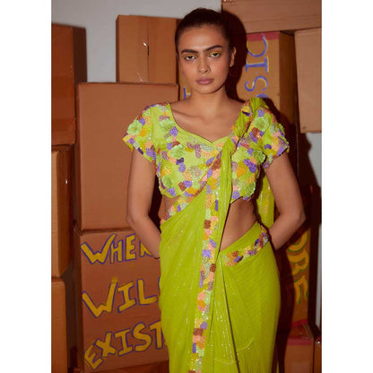 Nirmooha Neon Blouse & Pre Draped Saree Cording Detailing with Stitched Blouse (Set of 2)