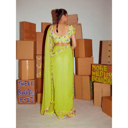 Nirmooha Neon Blouse & Pre Draped Saree Cording Detailing with Stitched Blouse (Set of 2)