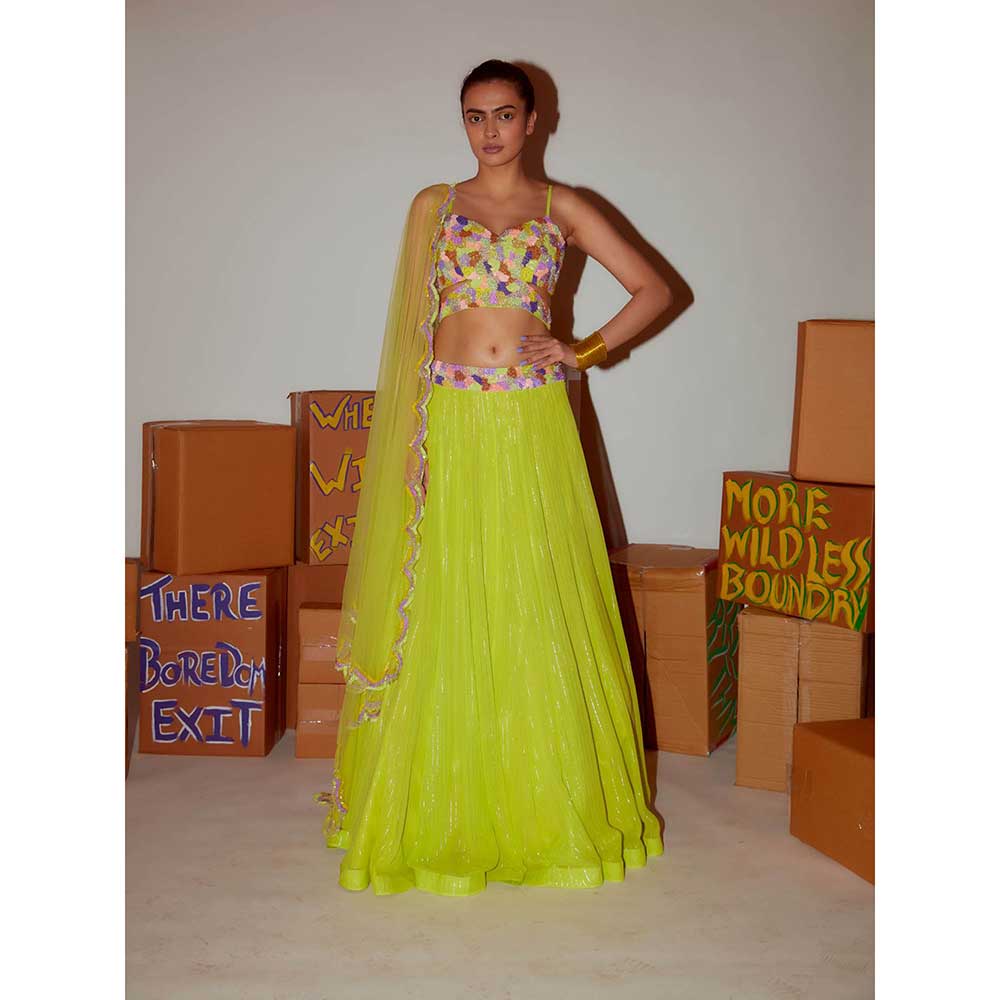 Nirmooha Neon Blouse with Lehenga & Scallop Dupatta (Set of 3)