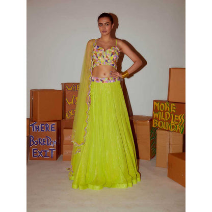 Nirmooha Neon Blouse with Lehenga & Scallop Dupatta (Set of 3)