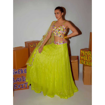 Nirmooha Neon Blouse with Lehenga & Scallop Dupatta (Set of 3)