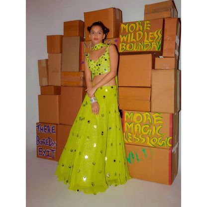 Nirmooha Neon Sequin Blouse with Sequin Lehenga & Sequin Dupatta (Set of 3)