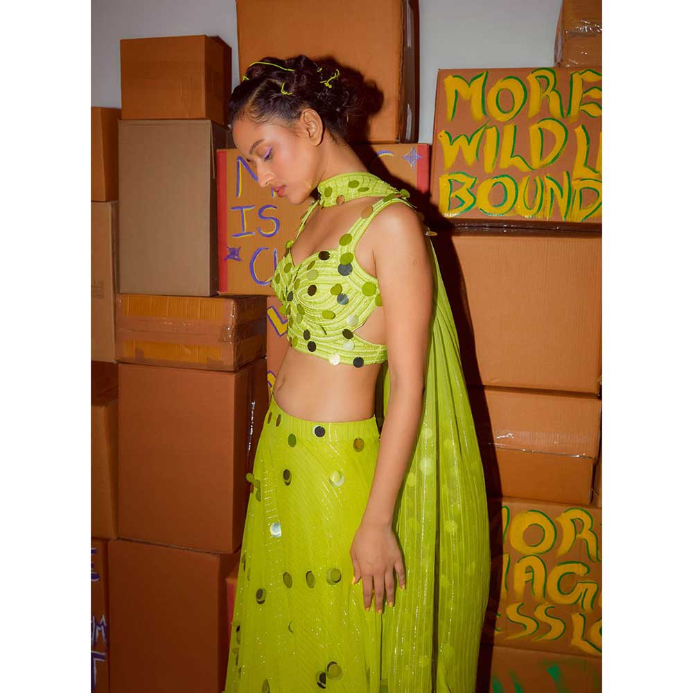 Nirmooha Neon Sequin Blouse with Sequin Lehenga & Sequin Dupatta (Set of 3)