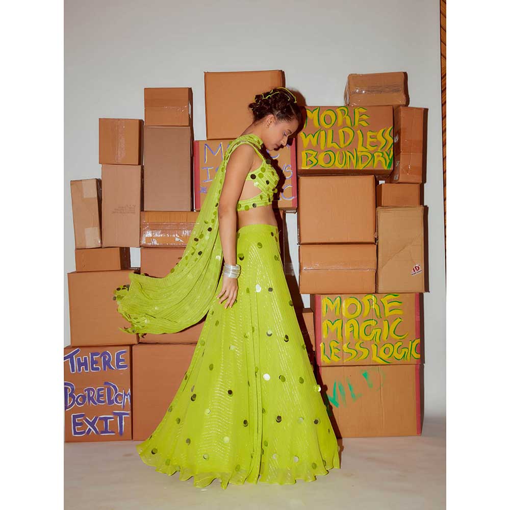 Nirmooha Neon Sequin Blouse with Sequin Lehenga & Sequin Dupatta (Set of 3)