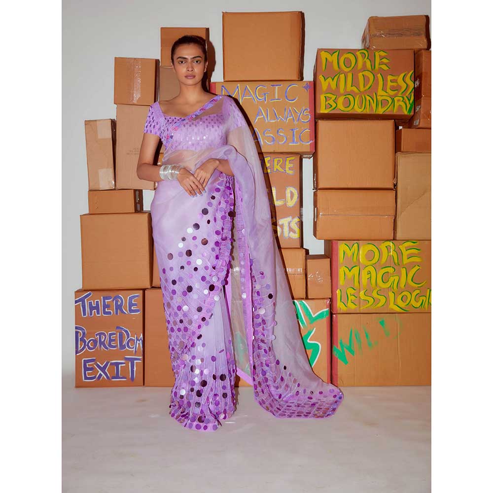 Nirmooha Lilac Organza Shaded Saree & Petticoat with Stitched Blouse (Set of 2)