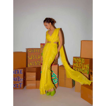 Nirmooha Yellow Pre Draped Saree Cording with Stitched Blouse (Set of 2)