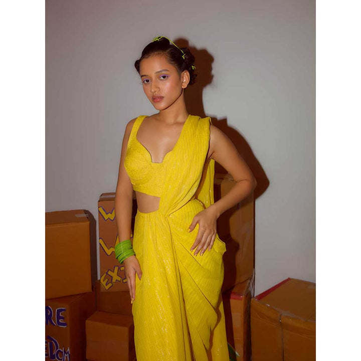 Nirmooha Yellow Pre Draped Saree Cording with Stitched Blouse (Set of 2)