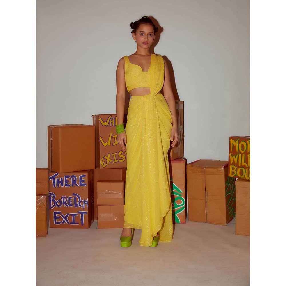 Nirmooha Yellow Pre Draped Saree Cording with Stitched Blouse (Set of 2)