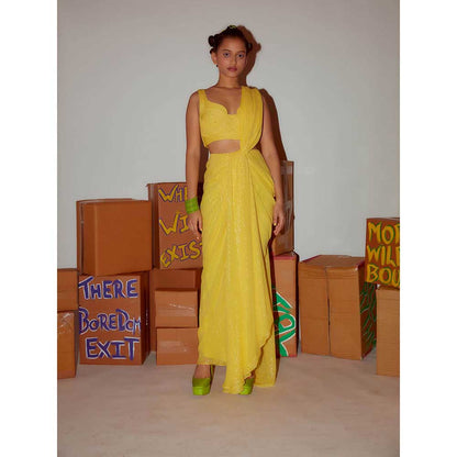 Nirmooha Yellow Pre Draped Saree Cording with Stitched Blouse (Set of 2)