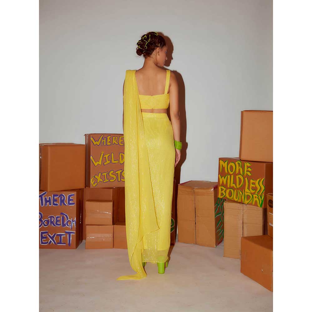 Nirmooha Yellow Pre Draped Saree Cording with Stitched Blouse (Set of 2)