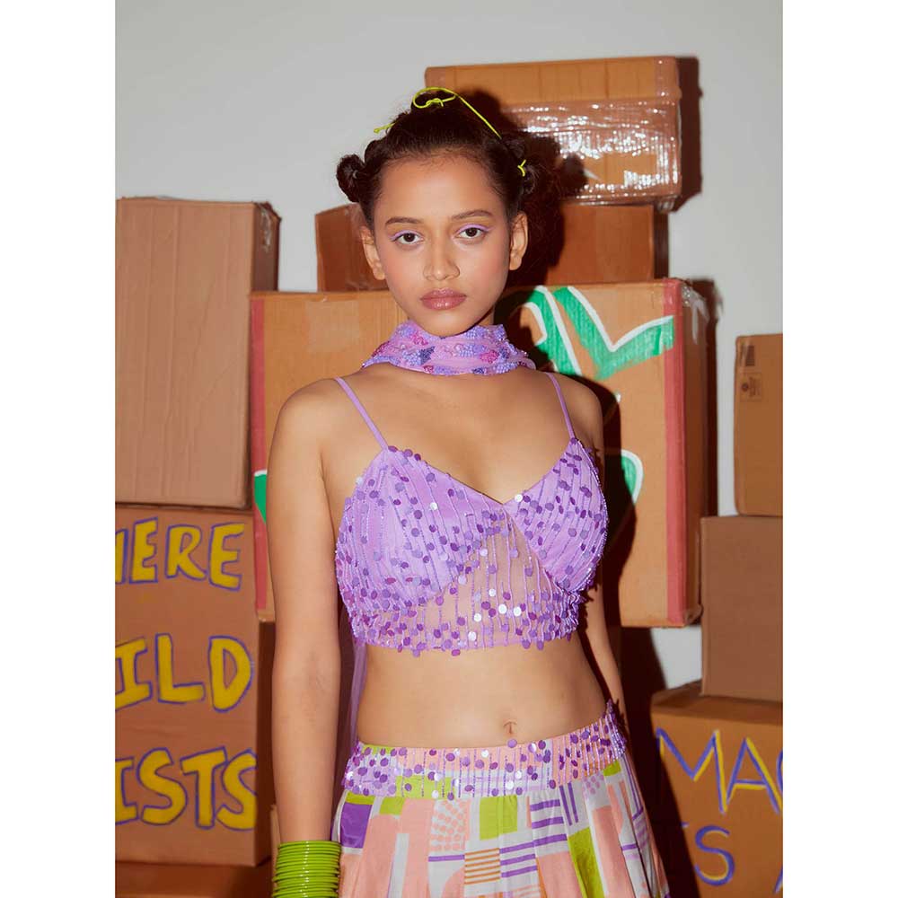 Nirmooha Lilac Hand Embroidered Sequins Bralette with Printed Lehenga & Dupatta (Set of 3)