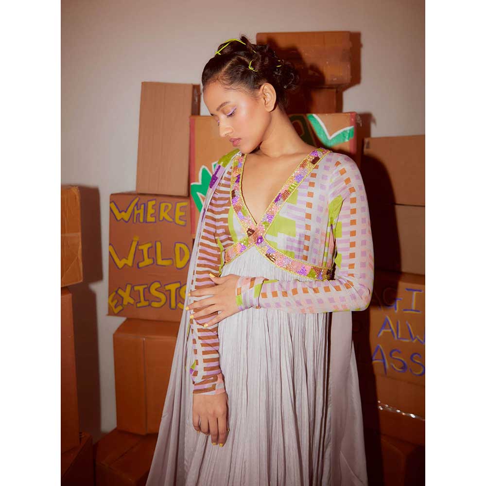 Nirmooha Geometric Anarkali with Hand Embroidered & Dupatta with Stitched Blouse (Set of 2)