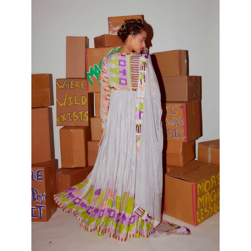 Nirmooha Geometric Anarkali with Hand Embroidered & Dupatta with Stitched Blouse (Set of 2)