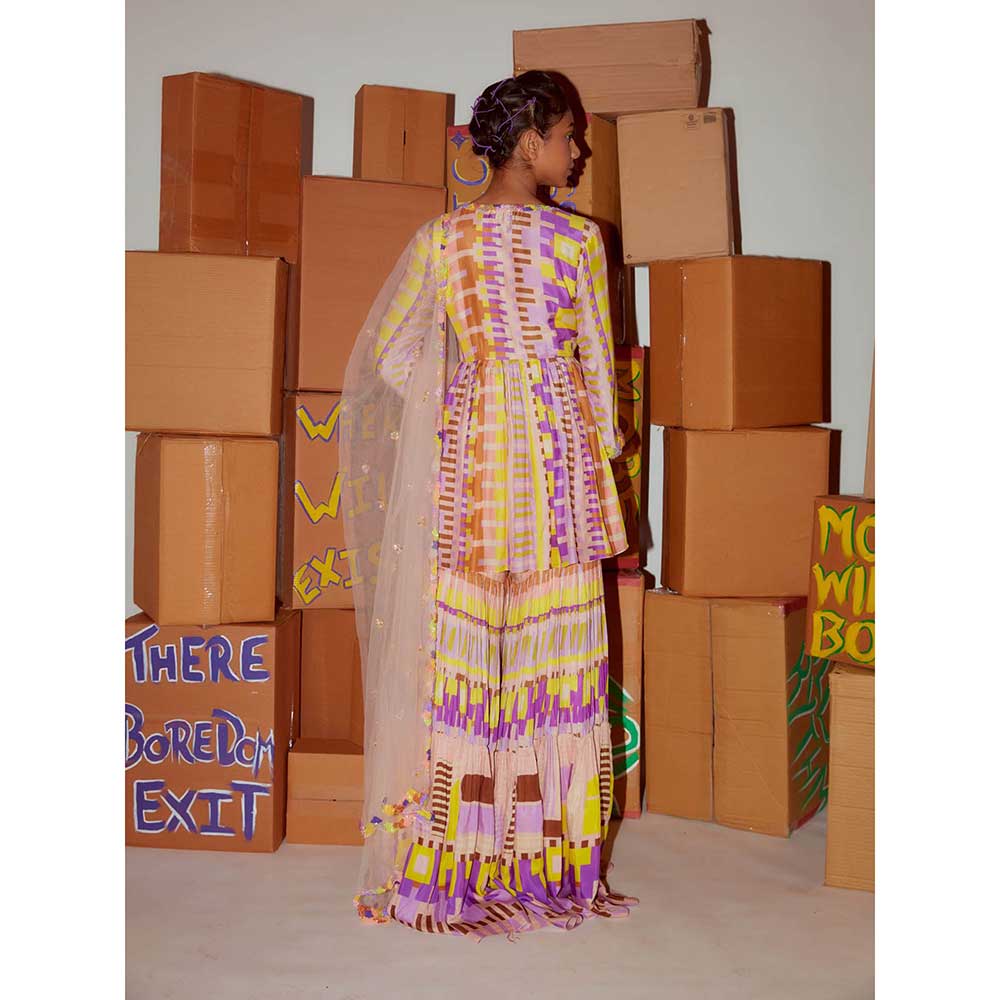 Nirmooha Geometric Printed & Sequin Neckline Kurti & Printed Sharara & Dupatta (Set of 3)