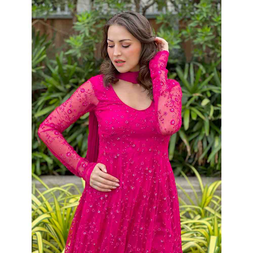 Noorani by LA Hot Pink Embroidered Sequins Anarkali (Set of 3)