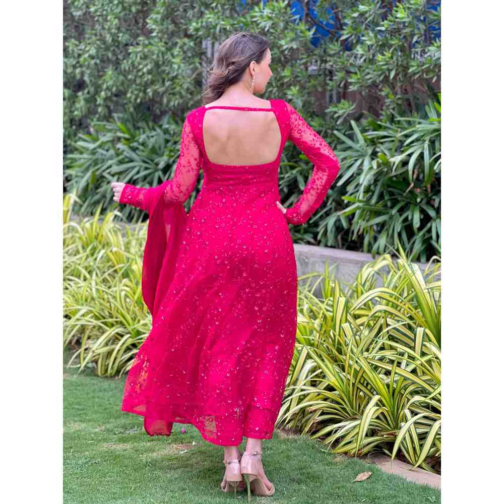 Noorani by LA Hot Pink Embroidered Sequins Anarkali (Set of 3)