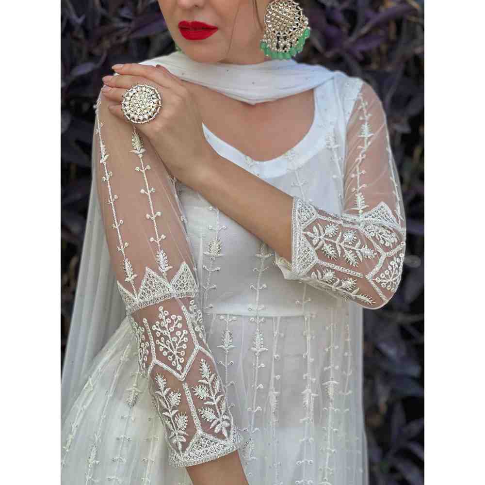 Noorani by LA Pristine White Embroidered Sequins Anarkali (Set of 3)