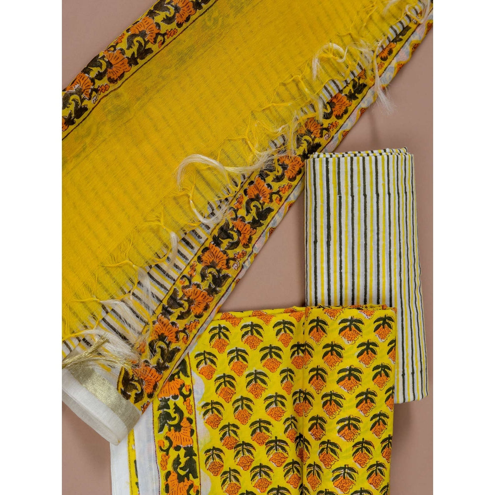 Advit Prints Yellow Booti Top and Bottom Fabric with Dupatta (Set of 3)