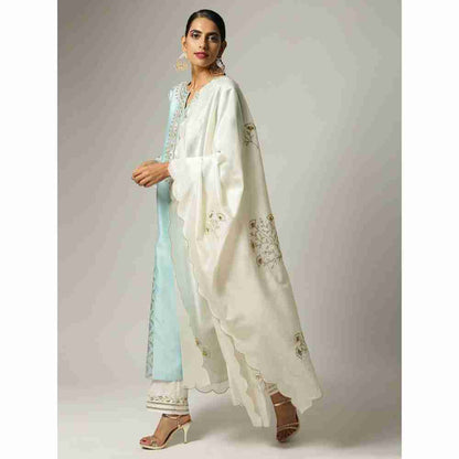 Anantaa Off White Silk Chanderi Floral Scalloped Dupatta