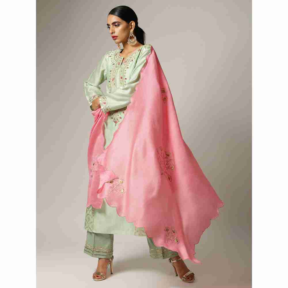 Anantaa Pink Silk Chanderi Floral Scalloped Dupatta
