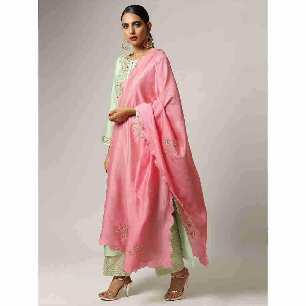 Anantaa Pink Silk Chanderi Floral Scalloped Dupatta