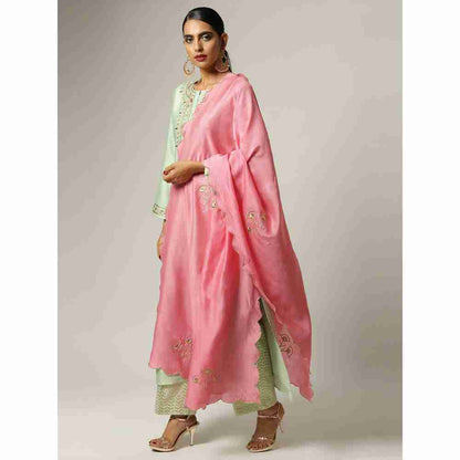 Anantaa Pink Silk Chanderi Floral Scalloped Dupatta