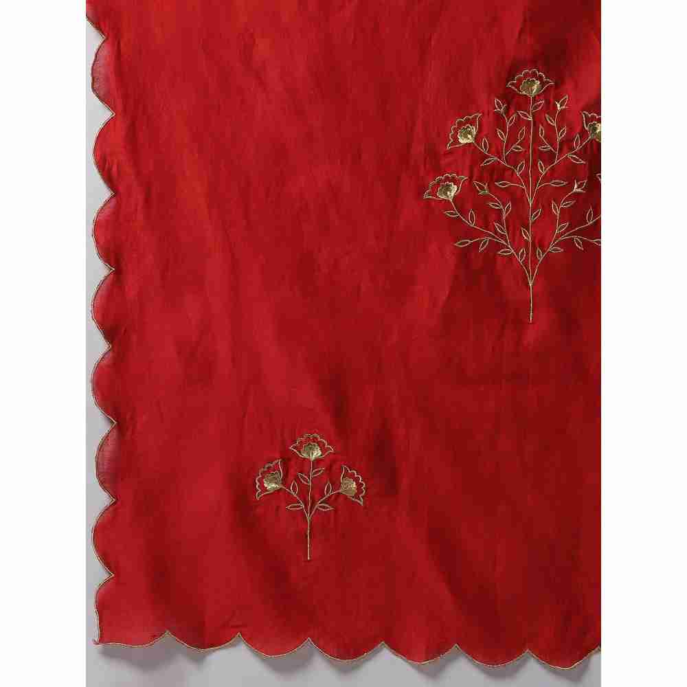 Anantaa Red Silk Chanderi Floral Scalloped Dupatta