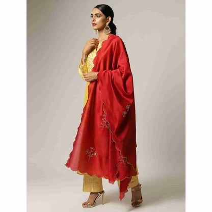 Anantaa Red Silk Chanderi Floral Scalloped Dupatta