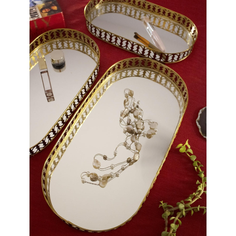 Assemblage Gold Laser Cut Oval Mirror Tray (Set Of 3)