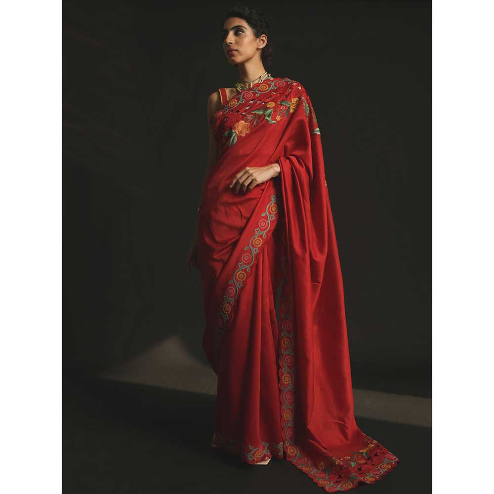 CHANDRIMA Red Chanderi Cutwork And Thread Work Saree without Blouse